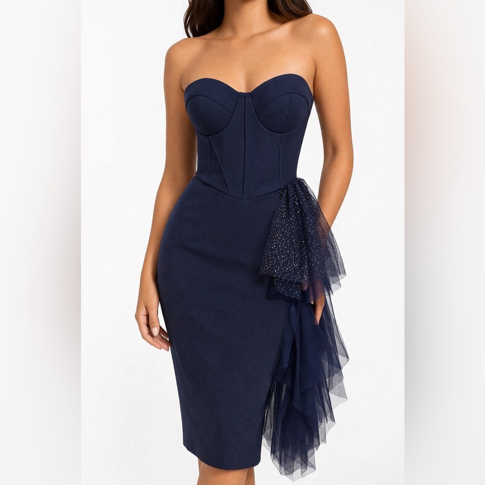 Dream It Wear It Navy Strapless Corset Midi Dress Glitter Tulle Ruffle Size M
